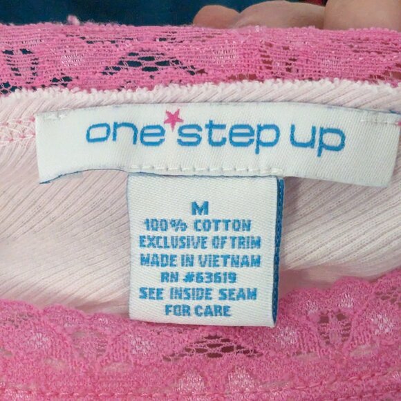 VTG 00s Y2K One Step Up White Rib w/ Hot Pink Floral Lace Trim Tank Top Sz M - Picture 6 of 6